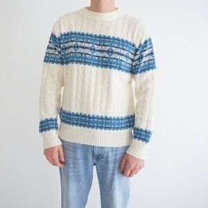 Vintage Whim Cream Blue Nordic Cable Knit Sweater Eclectic Grandpa Cabincore L